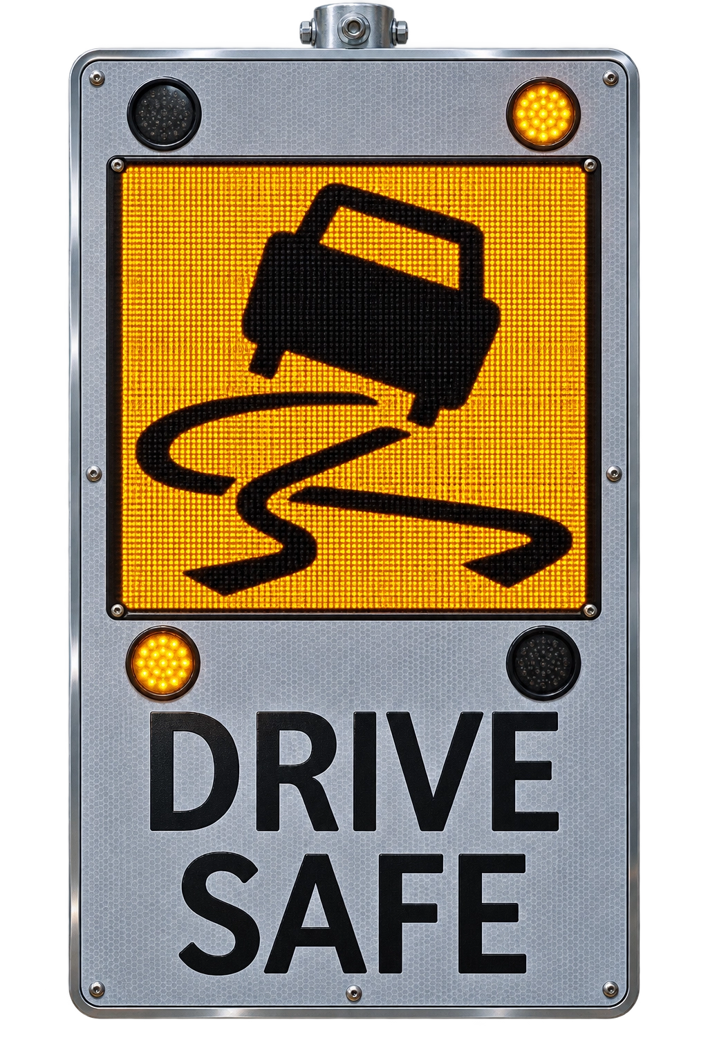 Dangerous Road Warning Sign LED road warning sign displaying a skidding car symbol, amber warning lights and a “Drive Safe” message.