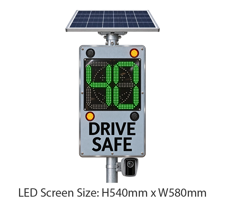 Fixed Post Traffic Radar Speed Signs Radar speed sign displaying 34 in green LED digits, with two amber warning lights illuminated above a “Drive Safe” message.