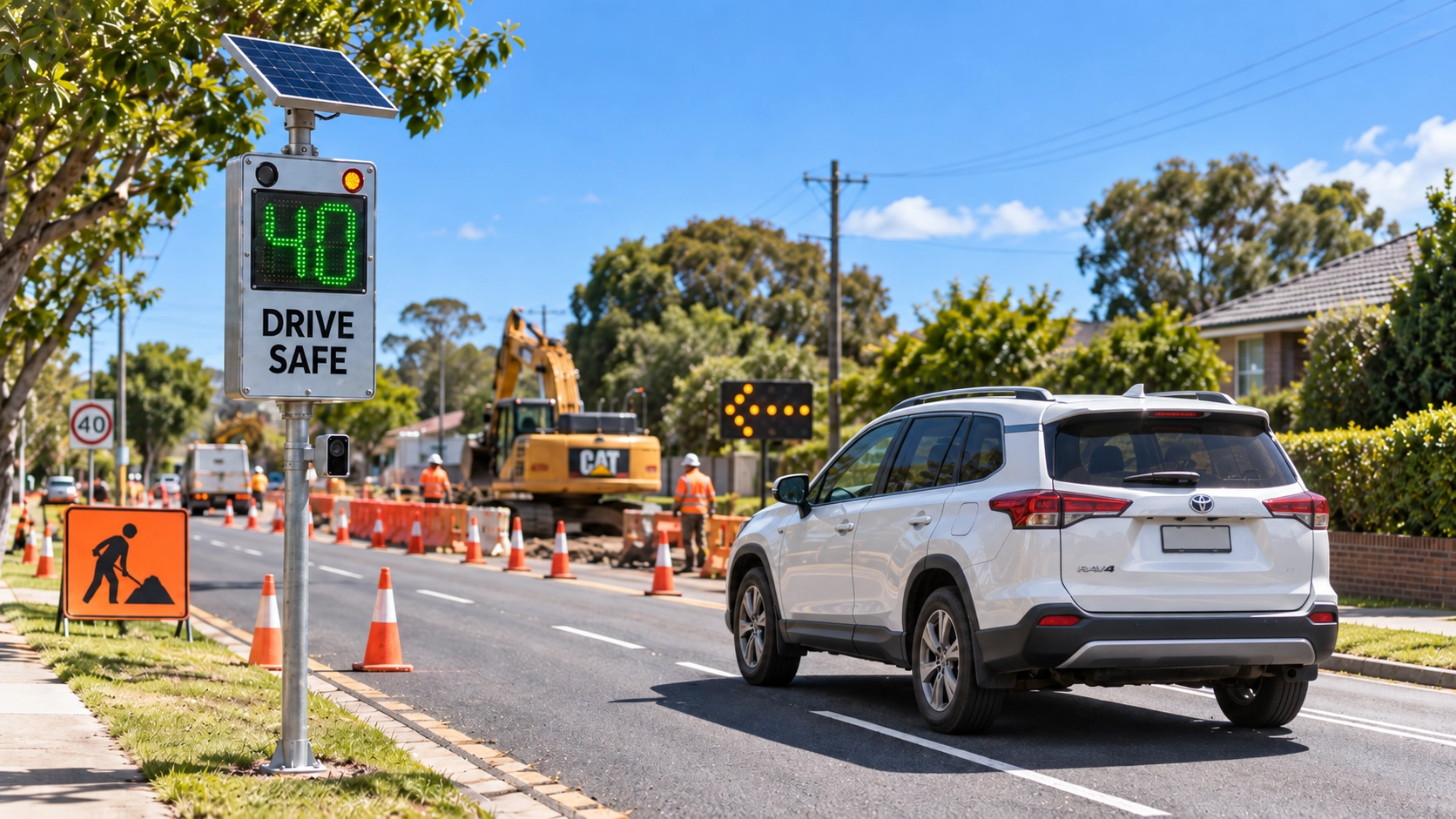 Local Council Road Works Radar Speed Sign Solar-powered radar speed sign displaying 40 and “Drive Safe” beside residential roadworks, with a vehicle approaching workers and an excavator.