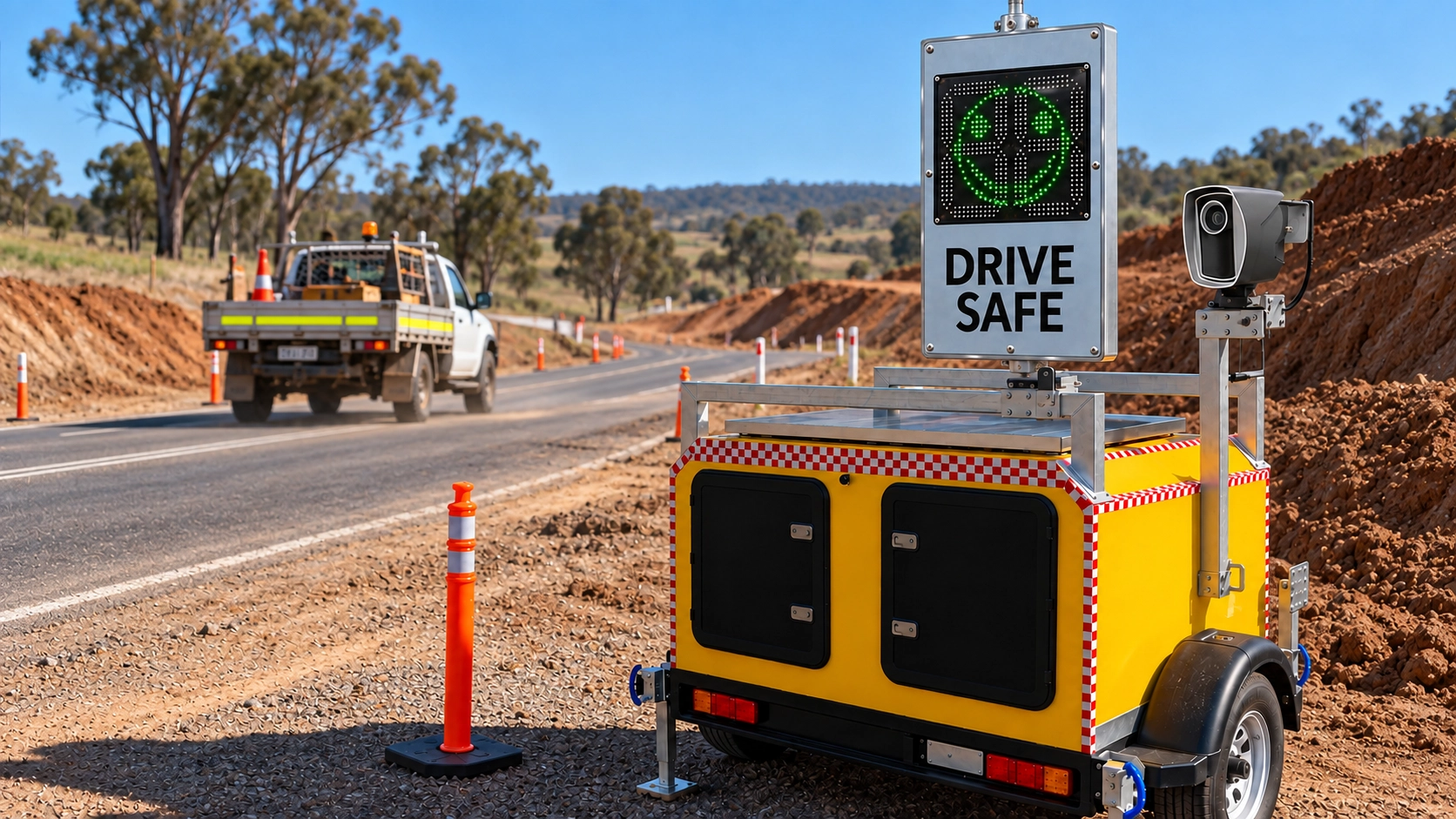 Mobile Traffic Radar Speed Camera Sign Trailer Trailer-mounted radar speed sign with a green smiling face, “Drive Safe” message and camera beside a rural roadworks zone.