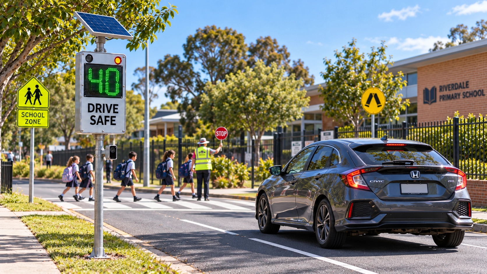 School Zone Radar Speed Sign Camera Solar-powered radar speed sign displaying 40 and “Drive Safe” beside a school crossing with children and a crossing supervisor.