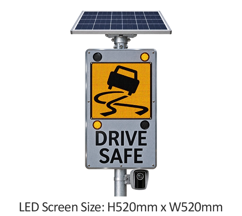 Speed Activated Road Safety Sign LED road warning sign displaying a skidding car symbol, amber warning lights and a “Drive Safe” message.
