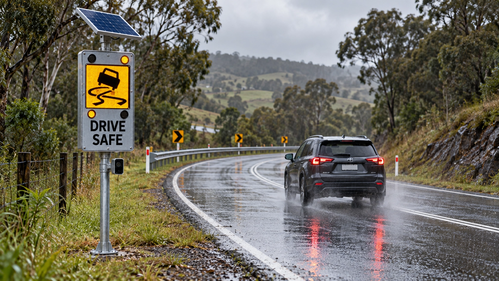 Speed Activated Road Safety Signs Solar-powered slippery road warning sign with amber lights and “Drive Safe” message beside a vehicle approaching a wet rural bend.