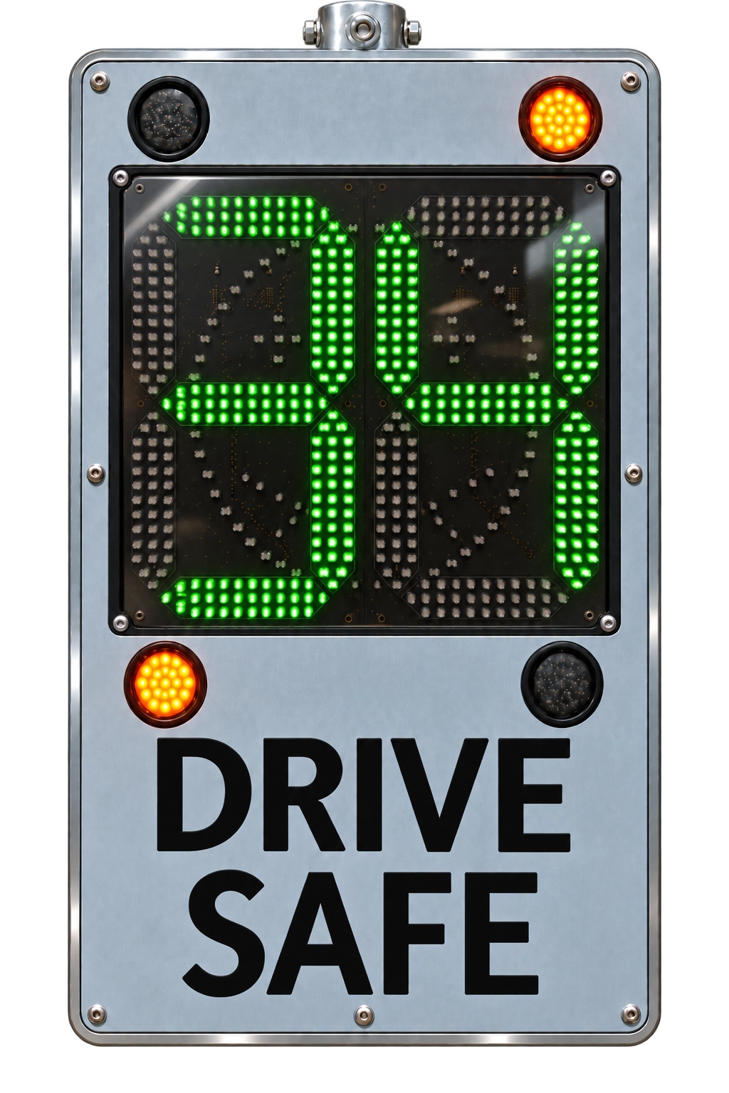Traffic Radar Speed Sign Radar speed sign displaying 34 in large green LED digits above a black “Drive Safe” message on a silver panel.
