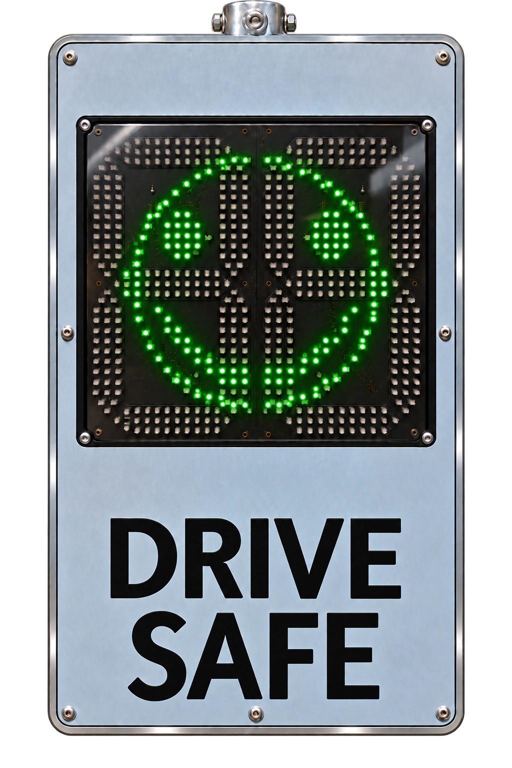 Traffic Speed Camera Sign Radar speed sign displaying 34 in large green LED digits above a black “Drive Safe” message on a silver panel.